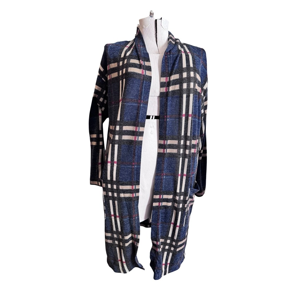 Cozy Brittany Black Plaid Open Front Long Cardigan Sweater Womens Large